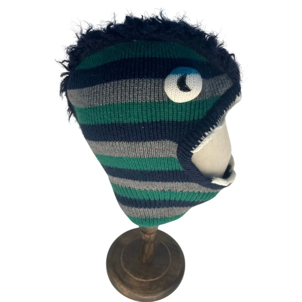Kids Monster Balaclava Hat Striped Green Navy Gray Fun Face Winter Ski Snowboard